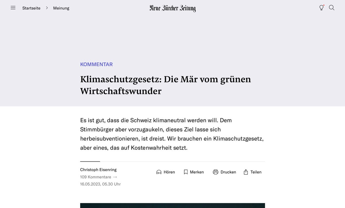Die <a href="/NZZ/">NZZ</a> schreibt über das #KlimaschutzGesetz und die angebliche «Mär vom grünen Wirtschaftswunder». 
Wir unterziehen <a href="/Ch_Eisenring/">Christoph Eisenring</a>|s Kommentar einem Faktencheck: #FaktencheckKlG Nr. 008.
1/6