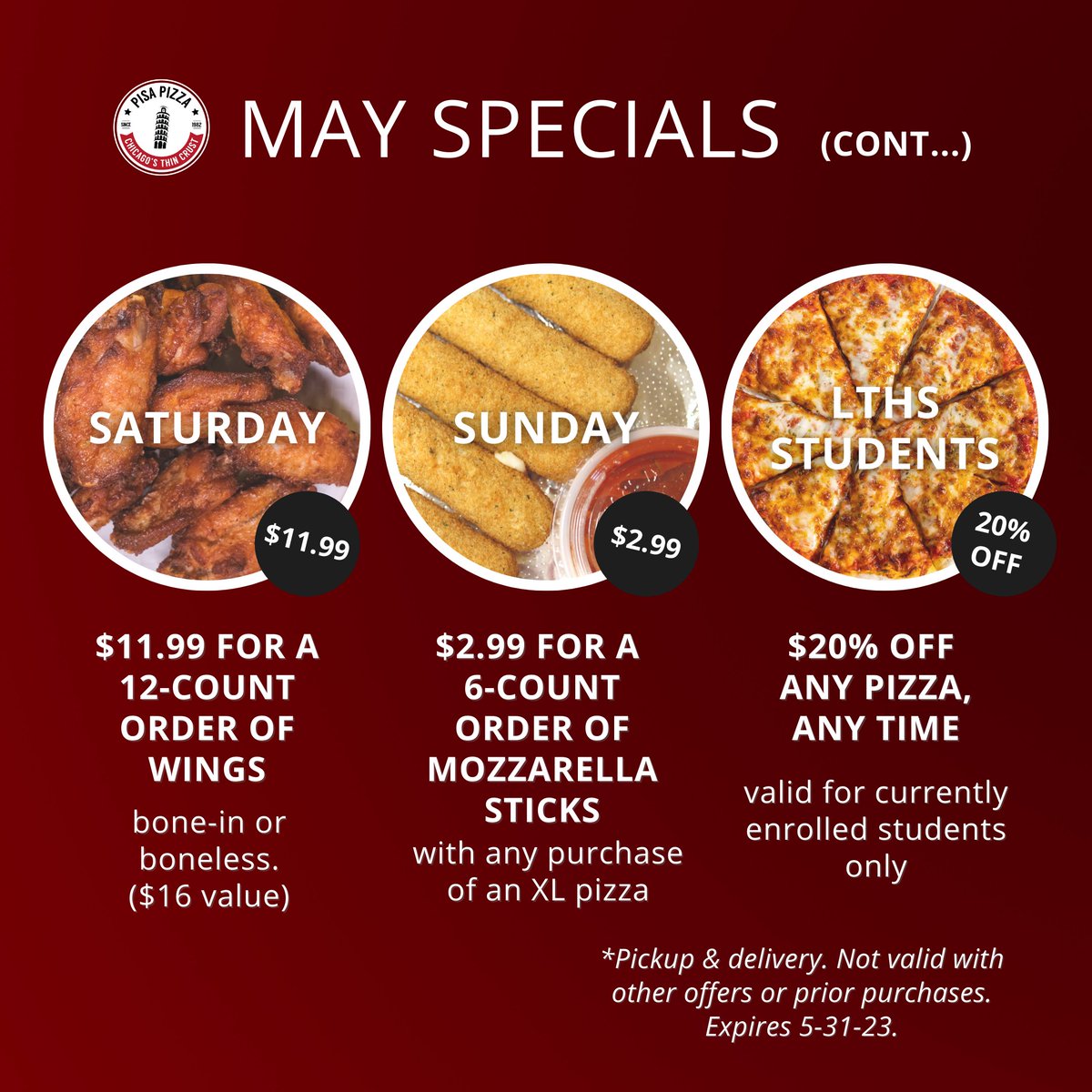 Don't miss out on this month's specials.
 
#pizzaspecials #superthincrust #extrathin #favoritecrust #thursdaytakeout #extrathincrust #carryout #delivery #dinner #pisapizzacountryside