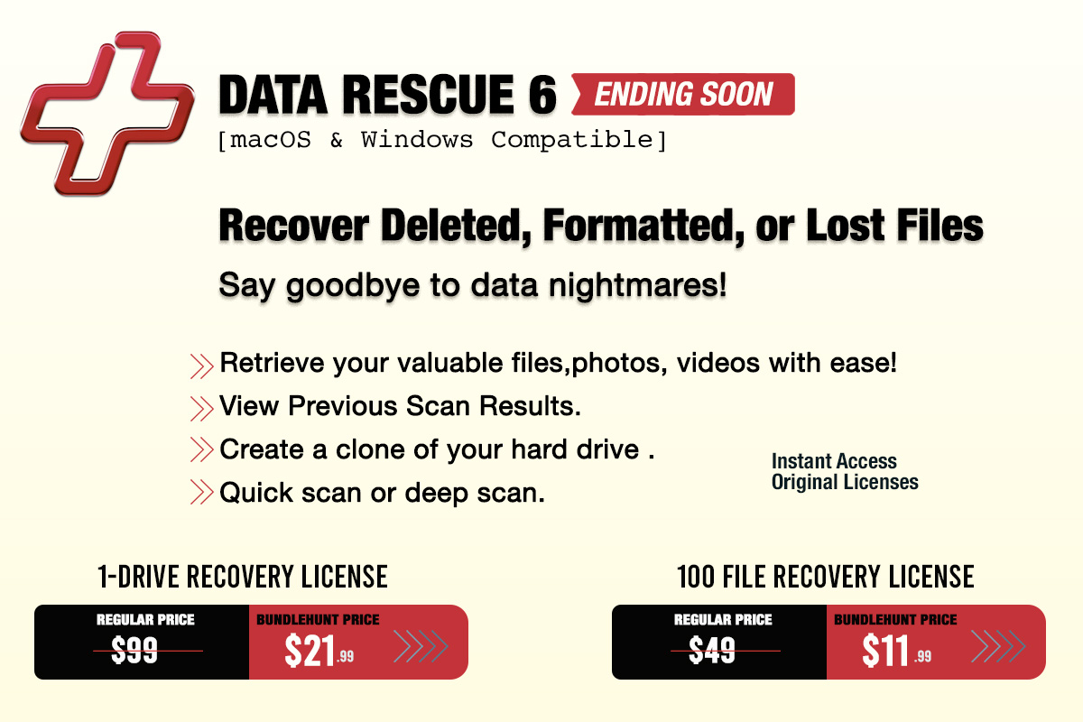 BundleHunt's tweet image. Data Rescue is leaving our store soon! Rescue your precious files &amp;amp; bring them back to life. 💪
🌪️ Accidental deletions? 🔌 Formatted drives? 🔍 Lost files?
No problem! Data Rescue got your back!

bundlehunt.com/bundle/2023-sp…
#Datarescue #mac_bundle #data_rescue