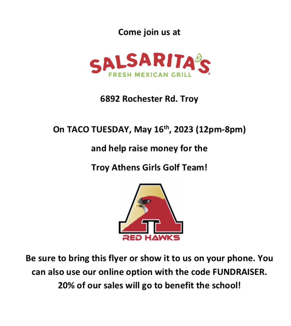 TroyAthensGolf's tweet image. ‼️‼️ Today’s the day ‼️‼️

Girls Golf Fundraiser @ Salsarita’s on Rochester Rd, 12-8pm

🌮🌮Taco Tuesday🌮🌮

Dine in or carry out - be sure to show this flyer &amp;amp; a portion of all sales will go to the Girls Golf team.
Thanks for your support!
#gohawks