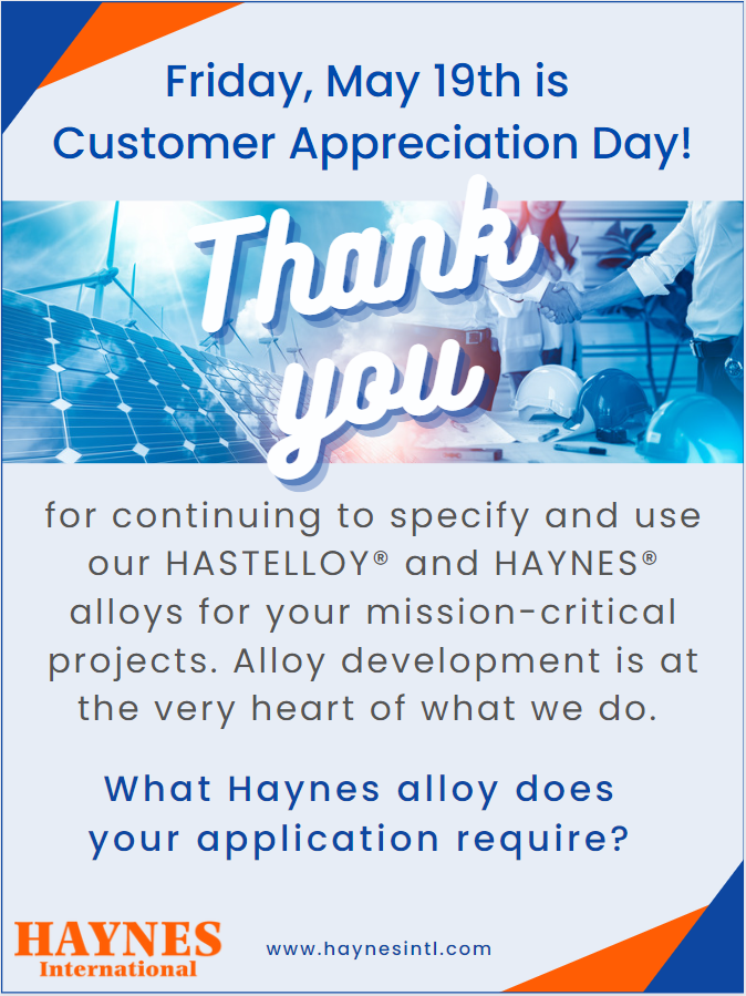 HaynesIntl's tweet photo. For more information about our alloys, go to https://t.co/JhfZ0nbeoj
#HAYNES® #HASTELLOY® #HaynesInternational #CustomerAppreciation https://t.co/i9vA8vWdGO