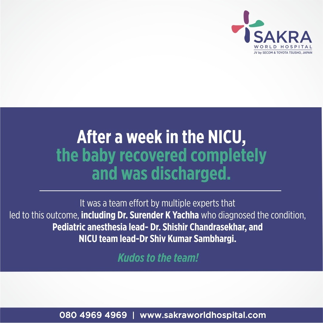 #SakraWorldHospital witnesses yet another miracle. A preterm baby born with #BiliaryAtresia was successfully treated. Dr. Anil Kumar PL- Sr Consultant & HOD with a team of experts performed the surgery. After a week in the NICU, the baby was discharged. Kudos to the team!