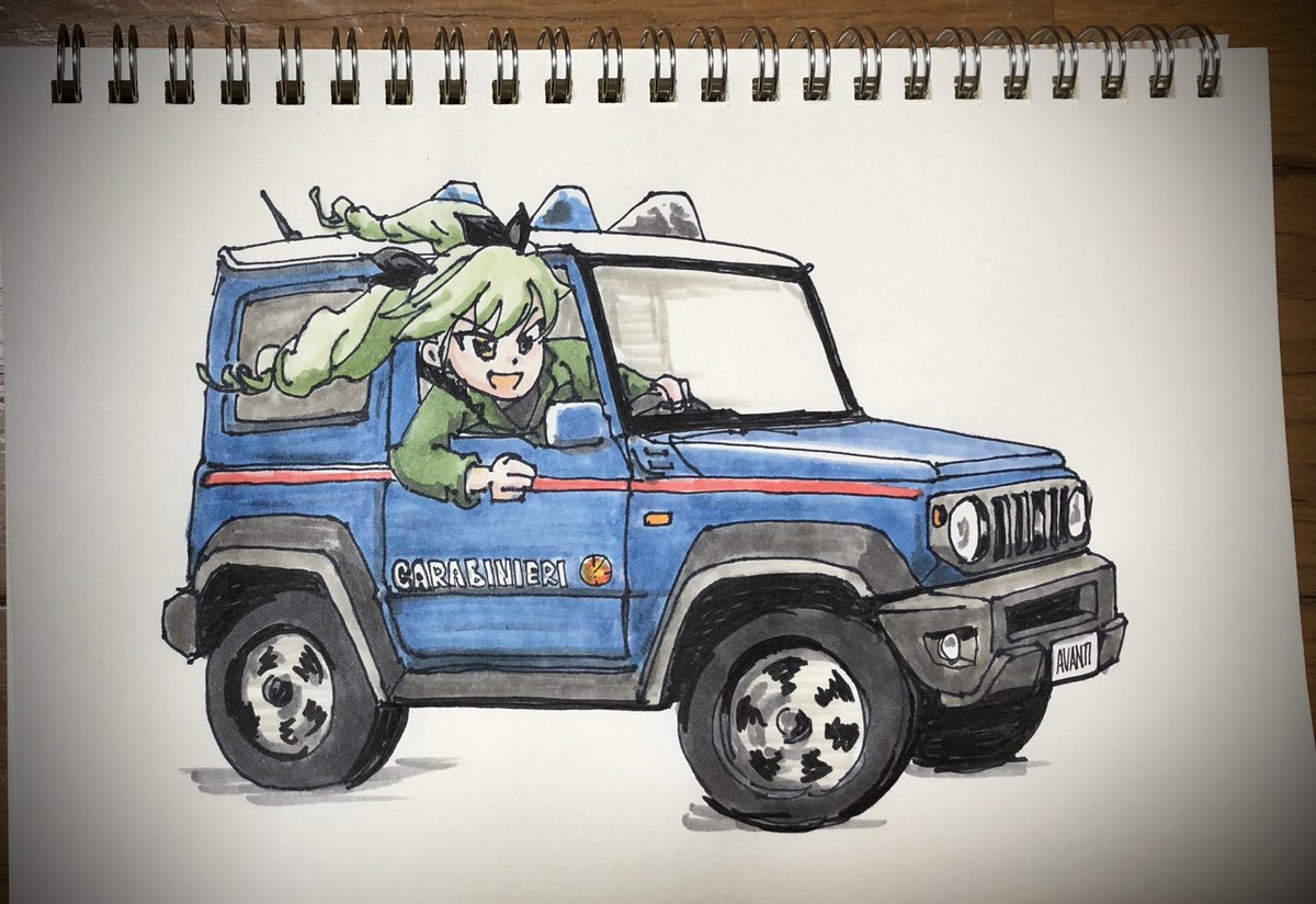 anchovy (girls und panzer) 1girl ground vehicle motor vehicle vehicle focus green hair solo traditional media  illustration images