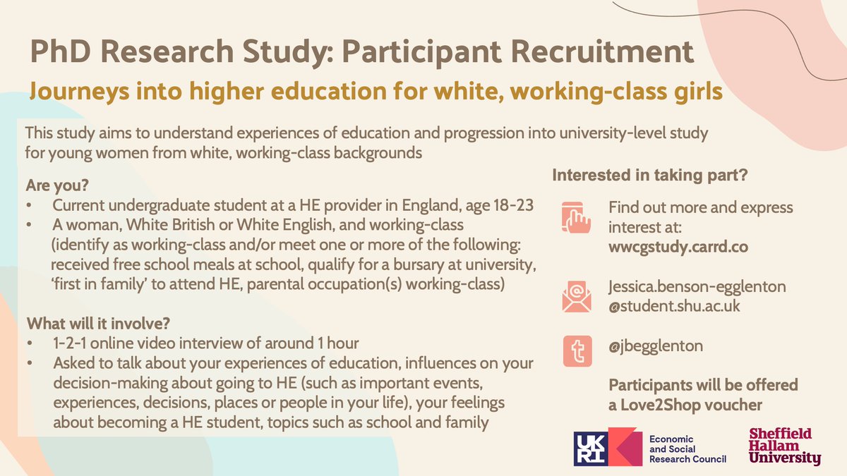 Launching recruitment for my PhD study TODAY!

I'm looking to speak with female UG students in England, who identify as White British or English, working-class, age 18-23. 

Interview over Zoom. Love2shop voucher as thanks.

More info & express interest: wwcgstudy.carrd.co/#