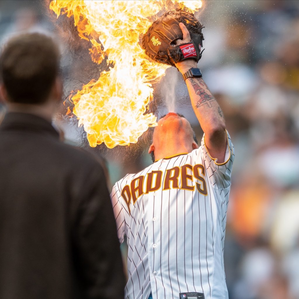 MLBLife's tweet image. Steve-O threw out the first pitch at the @Padres game and literally tossed a fireball 😂🔥