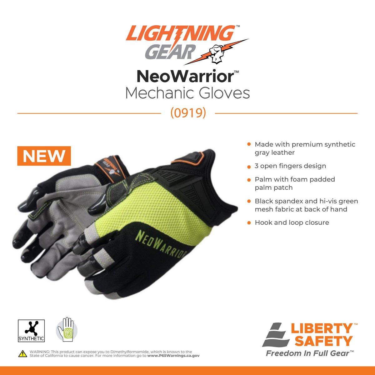 Introducing Liberty Safety's NEW Lightning Gear™ NeoWarrior™ Mechanic Gloves 0919.  Designed for mechanical protection against different risks.  Made with premium synthetic gray leather palm with foam padded palm patch. rb.gy/fdjxb #PPE #Safetygloves #LibertySafety