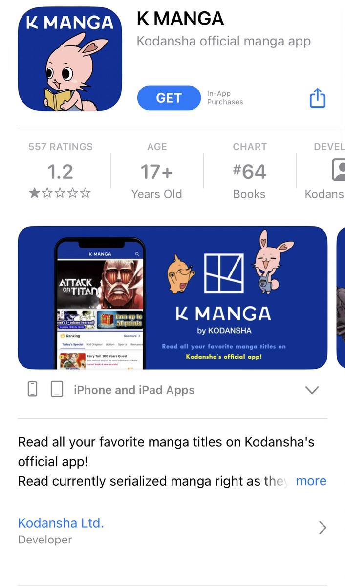 mangaaspace's tweet photo. @Axelablaze_PaC @manga_crash I don’t know about the download numbers in apple but the rating is shocking https://t.co/rctsncb00V