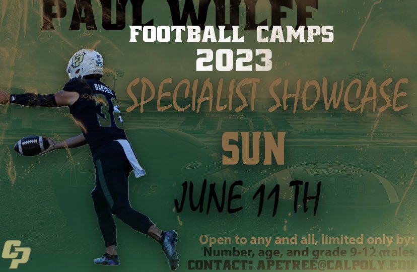 ‼️LONG SNAPPERS, KICKERS, PUNTERS‼️If you want great coaching from some of the best specialists in Big Sky football and an opportunity to ball out in front of the Cal Poly Coaching Staff then make sure you’re signed up for the Cal Poly Specialists Showcase on June 11th.