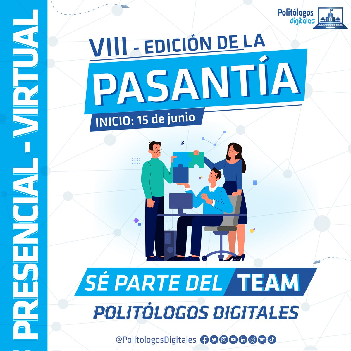 ¡POSTULA A LA VIII EDICIÓN DE PASANTÍA #PolitólogosDigitales! ⤵️🎓

🌐 forms.gle/jpjG72wANk8wed…

Es hora de asumir nuevos retos y explotar tu potencial digital 📲

ONLINE 💻 o PRESENCIAL 🌎

¿Tienes alguna duda? Escríbenos bit.ly/VIIIPasantíaPD 

#ComPol
