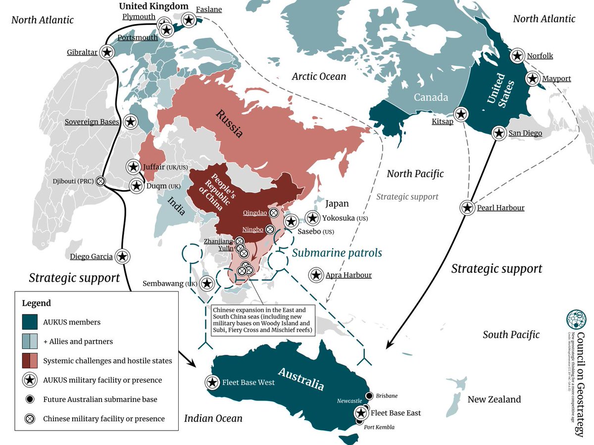 ConGeostrategy's tweet image. #AUKUS has been a key theme of the First Sea Lord’s Sea Power Conference 2023.

Check out our geostrategic map for a visual conceptualisation of the agreement...

#SPC2023 🇬🇧🇺🇸🇦🇺