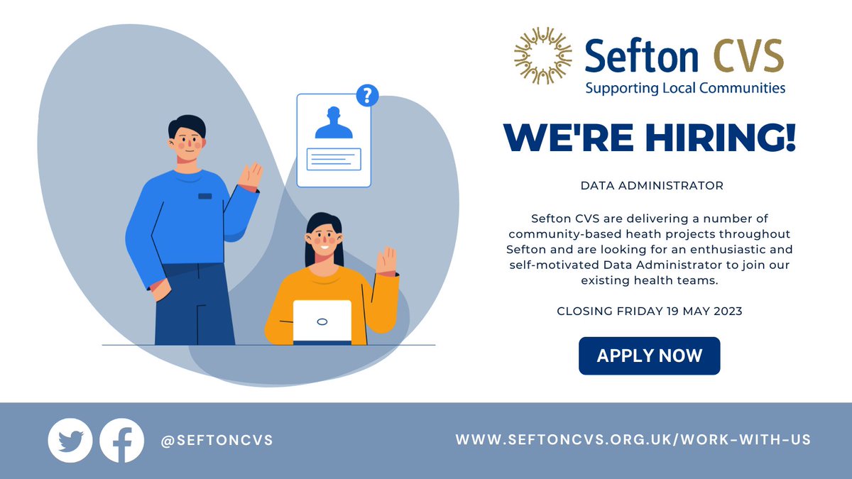⏰APPLICATIONS CLOSING THIS FRIDAY 19 MAY!  

We are looking for an enthusiastic and self-motivated Data Administrator to join our friendly and supportive organisation.  

Visit seftoncvs.org.uk/work-with-us/ to download our application pack

#CharityJobs #SeftonJobs