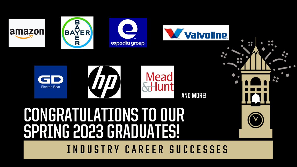 In the first of a series this week, we take a look at where our Spring 2023 graduates are heading for their full-time positions! @amazon, @BayerUS, @ExpediaGroup, @Valvoline, @GDElectricBoat, @HP, and @MeadHunt to start! 

#TheNextGiantLeap #PurdueWeDidIt #Classof2023 #BoilerUp