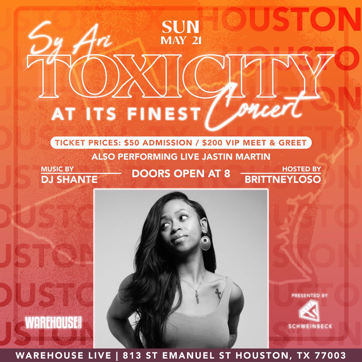 Attention Houston, TX‼️My concert is this sunday, May 21st at <a href="/warehouselive/">warehouselivemidtown</a> ‼️ Also performing live with me i got <a href="/sunnitharapper/">sunnitharapper</a> <a href="/ReneeHarmoni/">Renee Harmoni</a> <a href="/JastinMartin_/">JAS</a> &amp; <a href="/sincerelylenora/">LENORA</a> ‼️Music by @djshante Hosted by <a href="/BrittneyLoso/">Brittney Loso</a> ‼️ tixr.com/groups/warehou…