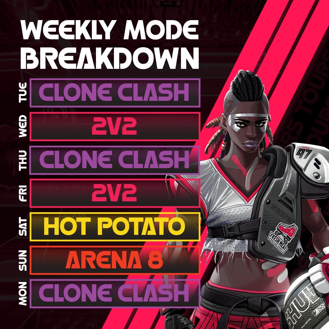 With tours underway, the modes are ALWAYS ROTATING! 😏 

WEEKLY BREAKDOWN: Start the week with triple the rizz, YOUR CLONES, with some 2v2 sprinkled in! Saturdays are for passing drills, and loop-de-loop on Sundays through Arena 8!
