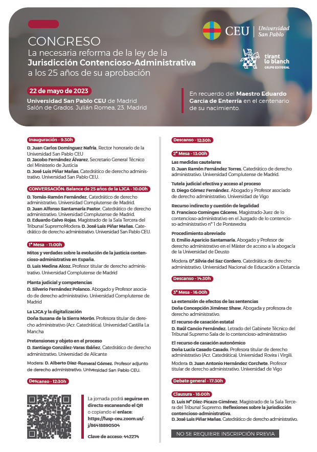 jrftorres's tweet photo. @USPCEU organiza el 22.5.2023 un Congreso sobre la reforma de la LJCA, que también puede ser seguirse por https://t.co/AdIzUFa3Gq (Clave: 442274). Intervendrán T.R.Fernández, J.A.Santamaría, L.Mª.Díez-Picazo, @ConchaJShaw,  
@diegogomabogado, @ProIndubio, @ignatiusfinch... https://t.co/ns1DXFCPm1
