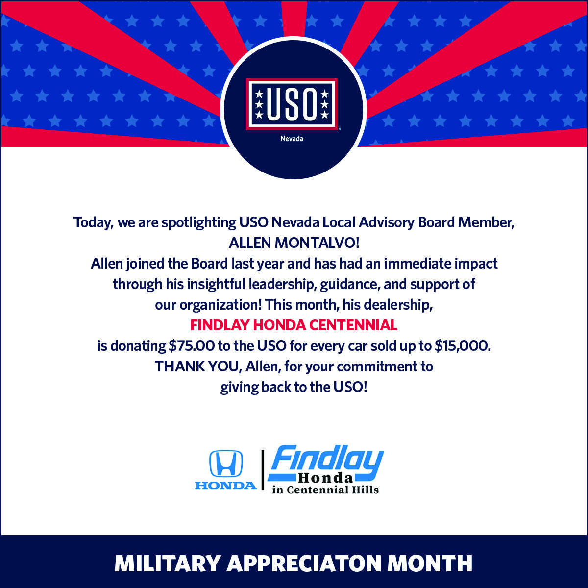 Today, we are spotlighting #USONevada Local Advisory Board member, Allen Montalvo for his great work supporting the USO @FindlayHondaNW #FindlayCares #GiveMoreThanThanks #MilitaryAppreciationMonth