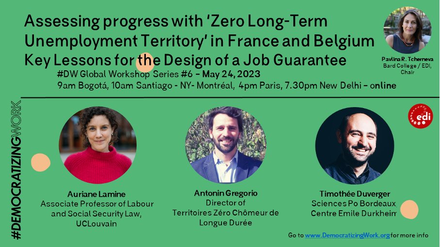 Join us for the 6th #DemocratizingWork webinar on May 24 at 10am EDT

Auriane Lamine, @AntoninGregorio, @tduverger will discuss the key lessons for the design of a job guarantee in France and Belgium 

Chaired by @ptcherneva 

To register: bit.ly/dw_france_belg…