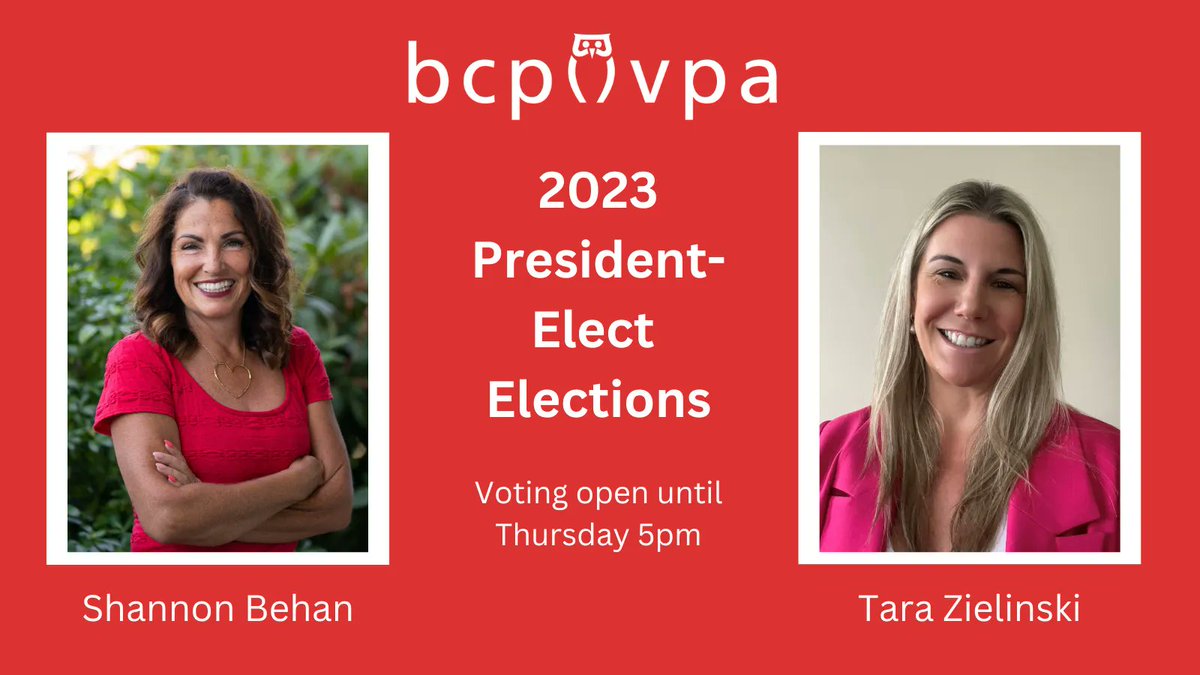 Members, voting for the next @bcpvpa President is now open. Your personal and unique ballot will arrive by email - don't share the ballot, but do remind your friends & colleagues to vote! It's quick & easy.