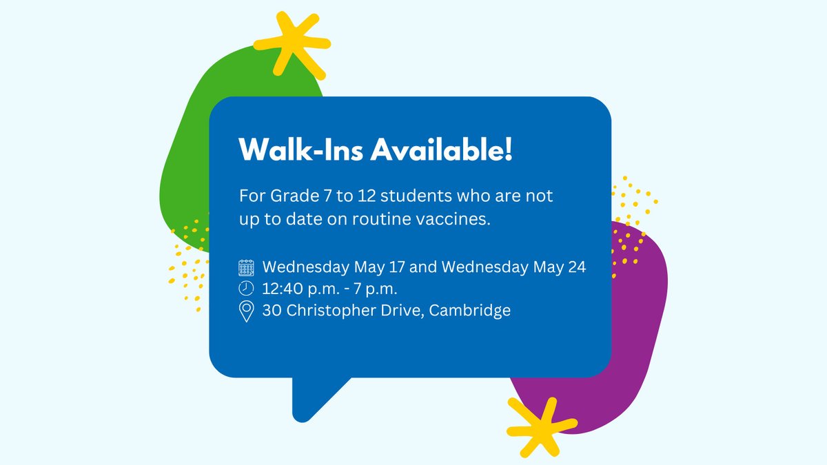 ROWPublicHealth's tweet image. For select dates, no appointment is required for Grade 7 to 12 students who are not up to date on their routine vaccines. 

Walk-ins are welcome on Wednesday, May 17 and Wednesday, May 24 from 12:40 p.m. - 7 p.m. at 30 Christopher Drive in Cambridge.