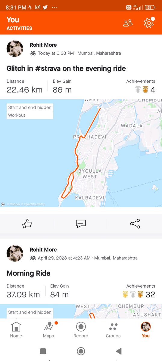 rohitmore17's tweet photo. Glitch in#strava on my evening ride https://t.co/5mw9Awqp0R