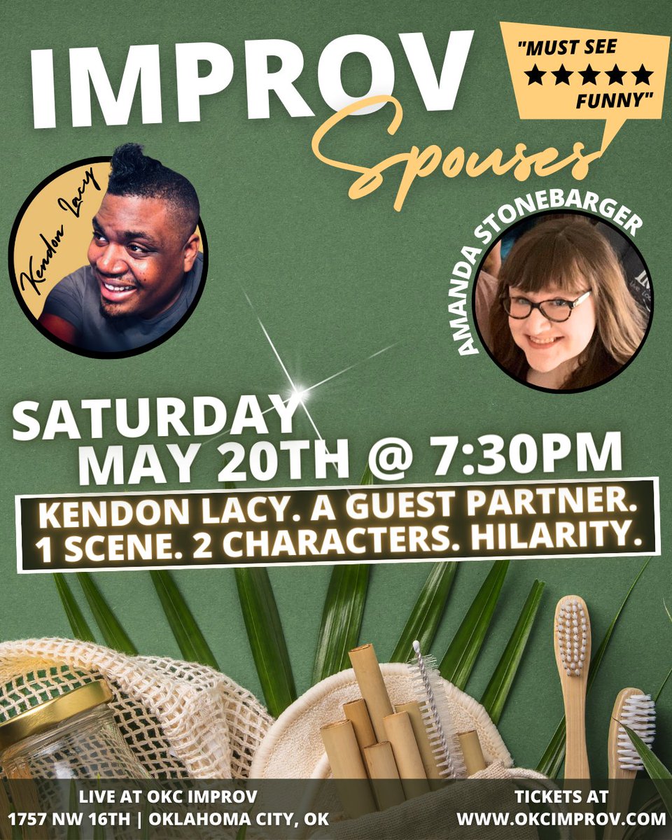 okcimprov's tweet photo. Save the date &amp; get ready for a night of laughter in @plazadistrict as we feature Improv Spouses. @kendonlacy &amp; a guest of his choosing (Amanda Stonebarger) perform a hilarious duo show that feels like something straight out of a sitcom! Tickets at https://t.co/ijN9S55a5a. https://t.co/wzNFWPfQu6