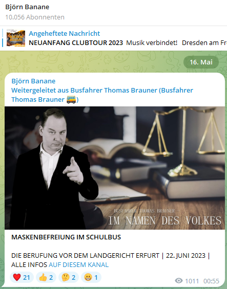 #ThomasBrauner: Berufungstermin am 22.06.2023 (wegen Maskenbefreiung im Schulbus oder so).