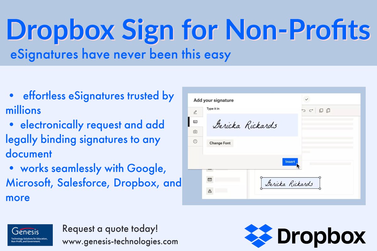 Switch to Dropbox Sign and manage all paperwork from one dashboard while saving money and time! 
genesis-technologies.com/non-profit/hel…
#dropbox #sign #signeddocument #npo #nonprofitorg #nonprofitorganizaiton #NPO #501c3