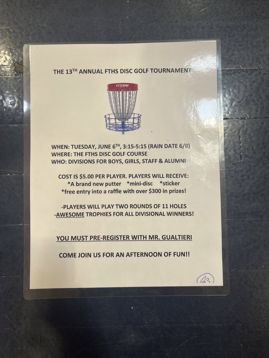 FTHSPhysEd's tweet photo. SPREAD THE WORD AND GET EXCITED!! The annual disc golf tourney is coming soon! Sign up and have some fun! https://t.co/eM97t57LCS