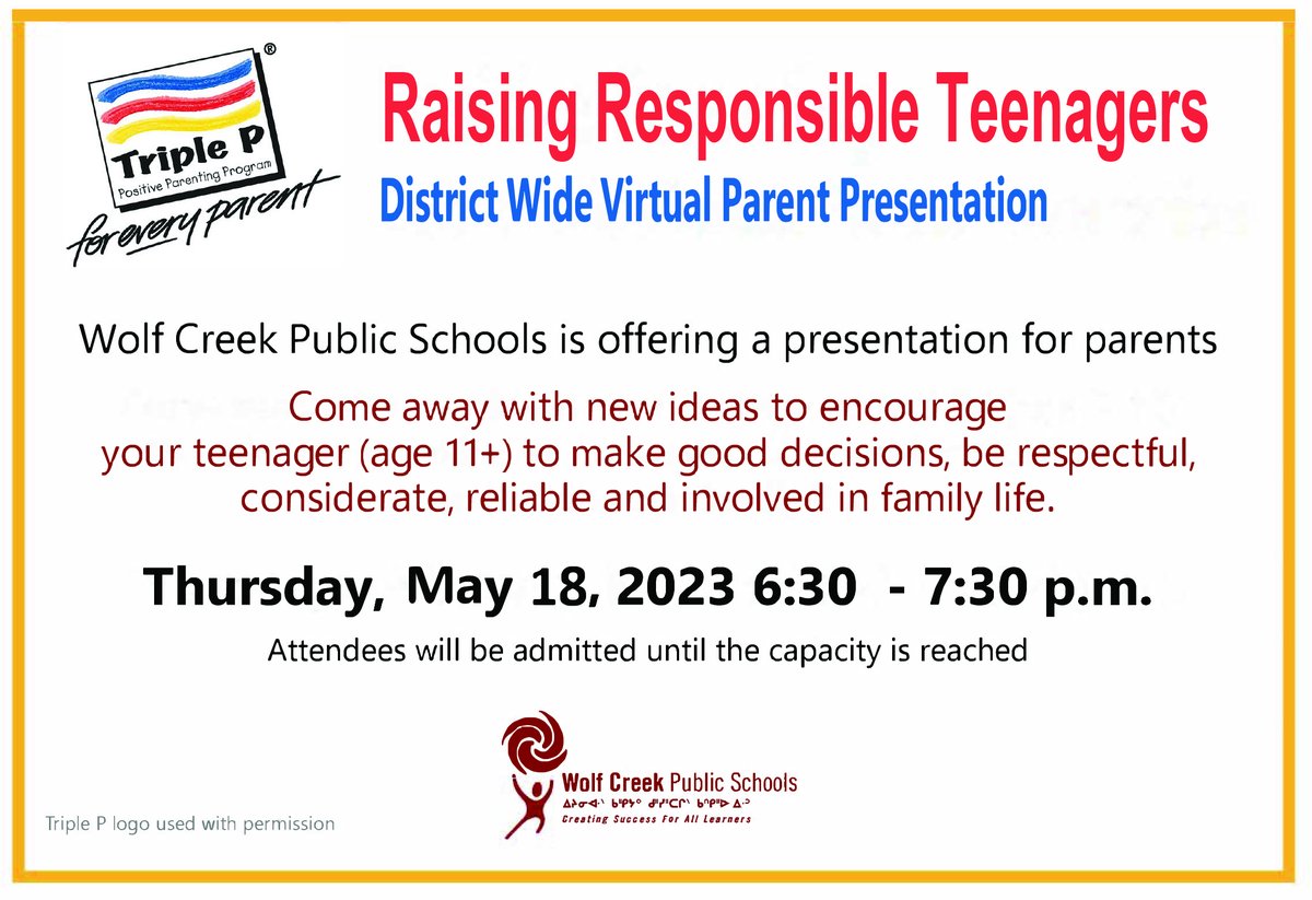 Make Plans to Attend Our Virtual District Wide Parent Presentation
Thursday, May 18, 2023 6:30 - 7:30 p.m.
Raising Responsible Teenagers  — Join online at:
meet.google.com/yzs-yyfc-fzx?a…