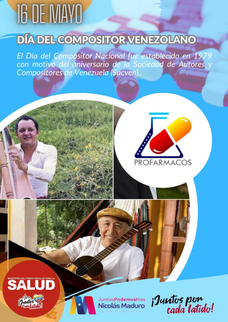 ProfarmacosMpps's tweet photo. #16Mayo #Venezuela celebra el #DiaDelCompositor a los creadores, quienes con sus letras y sones aceleran los corazones de los amantes de la música y el arte en general @NicolasMaduro @MagaGutierrezV @MinSaludVE #JuntosPorCadaLatido https://t.co/rd6s9ZAtbt