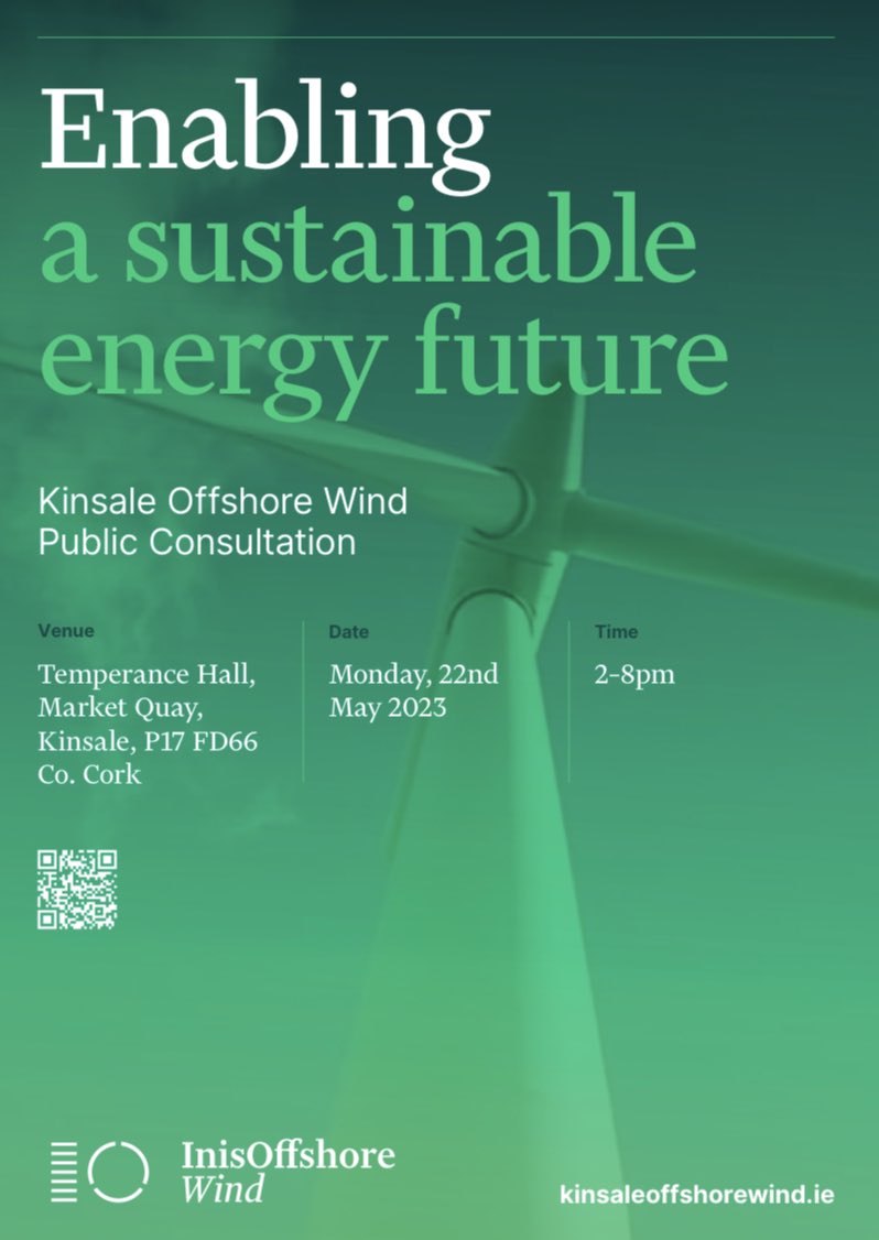 InisOffshore's tweet photo. Come see us in Cork!
 
We’re looking forward to continuing our engagement with the local community in Kinsale and along the Cork coast about our proposed offshore wind plans.

Please join us if you can on Monday May 22nd from 2-8pm at the Temperance Hall, Market Quay in Kinsale. https://t.co/RZaN5Z5Lp0