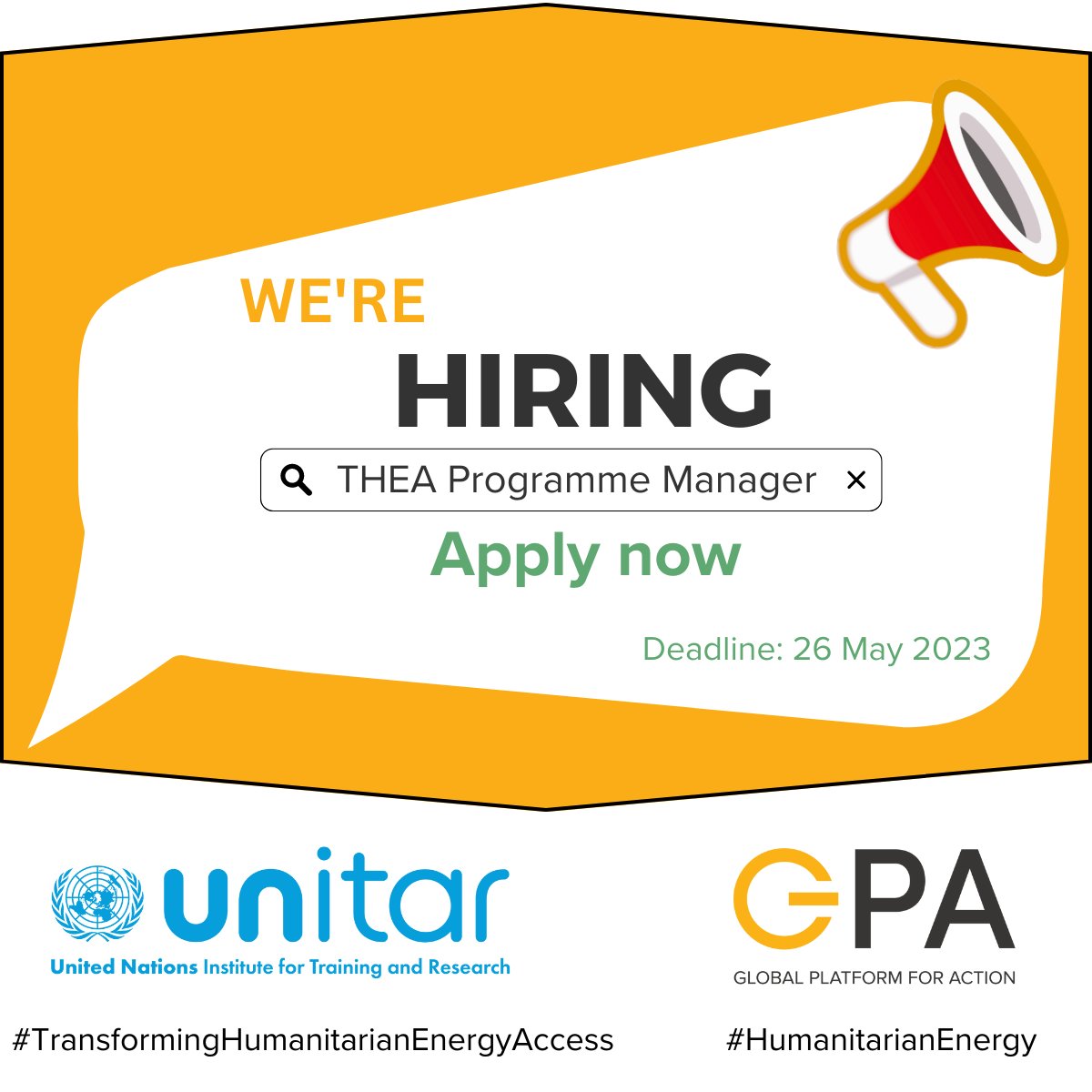 📢We are #hiring Join the GPA-CU as THEA Programme Manager! Do you have a minimum of 5 years of experience working on humanitarian issues and/or #EnergyAccess and have experience with programme management and financial reporting structures? ⏰Only 10 days to apply!! ⬇⬇⬇