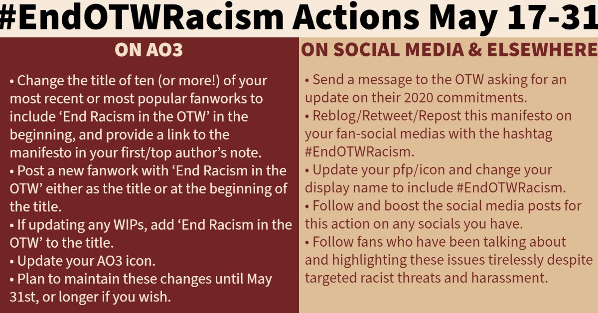 endotwracism's tweet photo. Our action starts on May 17, either today or tomorrow depending on your time zone! 

As a reminder, here are, in to particular order, all the ways you can participate on AO3 (also listed in our Call to Action)... 🧵

#EndOTWRacism 
https://t.co/VpOMva7ZsA https://t.co/64QmC7owNj