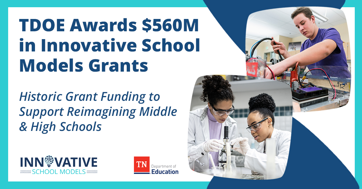 TDOE has awarded over $560 million in #InnovativeSchoolModelsTN grants across 137 public school districts and 45 public charter schools to invest in students and their postsecondary success. Read more: tn.gov/education/news…