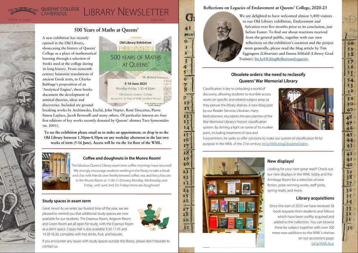 Queens' Library (@queens_lib) on Twitter photo 📣 The 2023 Easter Term Library Newsletter is out ! 📣
Find out about the Old Library’s new maths exhibition, an exciting project to research and catalogue our magnificent medieval, oriental, and early modern manuscripts, and much more: 
📰 queens.cam.ac.uk/files/download… 📣 The 2023 Easter Term Library Newsletter is out ! 📣
Find out about the Old Library’s new maths exhibition, an exciting project to research and catalogue our magnificent medieval, oriental, and early modern manuscripts, and much more: 
📰 queens.cam.ac.uk/files/download…