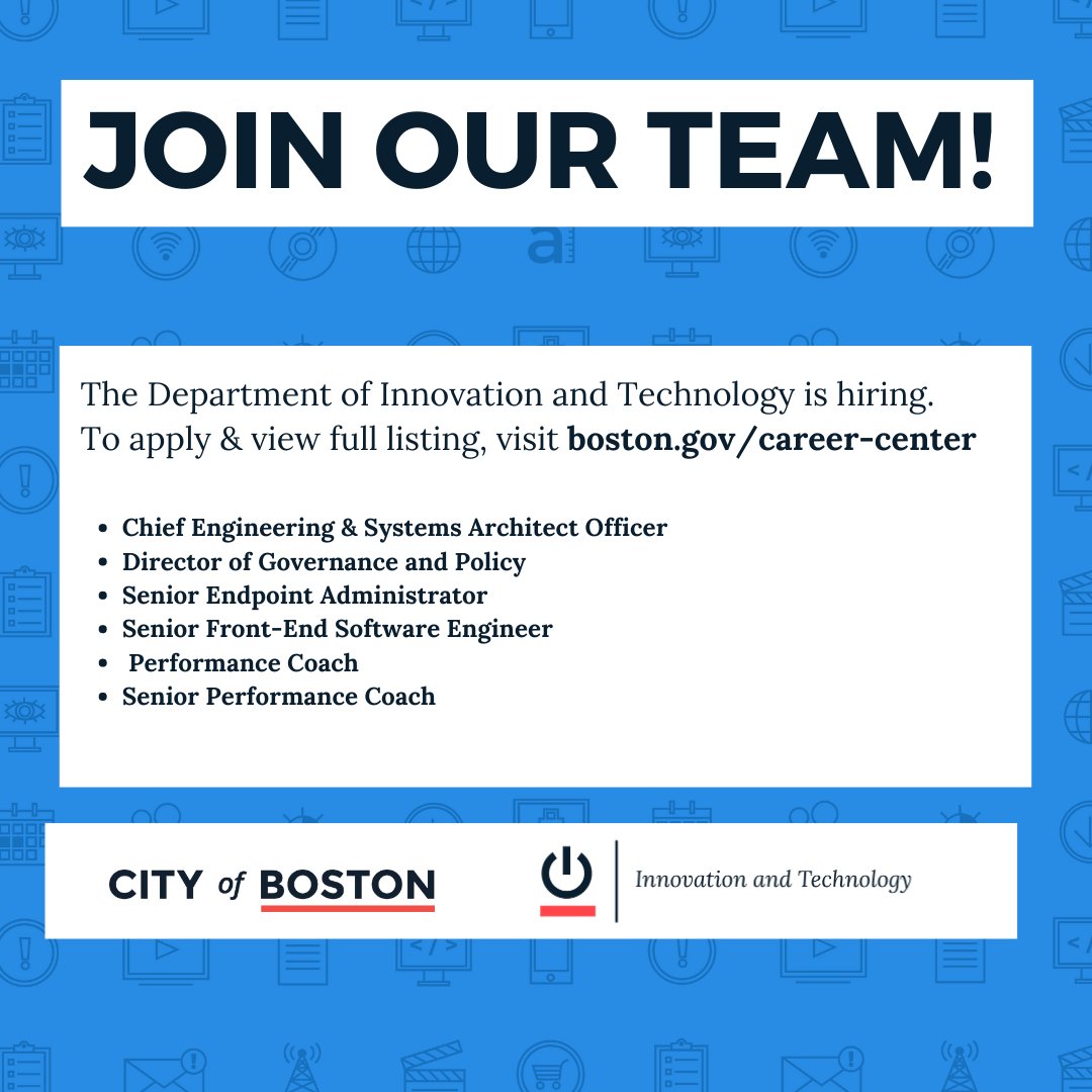 DoITBoston's tweet image. We recently added links to a number of open positions at DoIT. Check the link below for job descriptions and directions on how to apply! 
boston.gov/tech-jobs

#BostonJobs #ISOTech #TechJobs #Governance #Engineer #PerformanceCoach