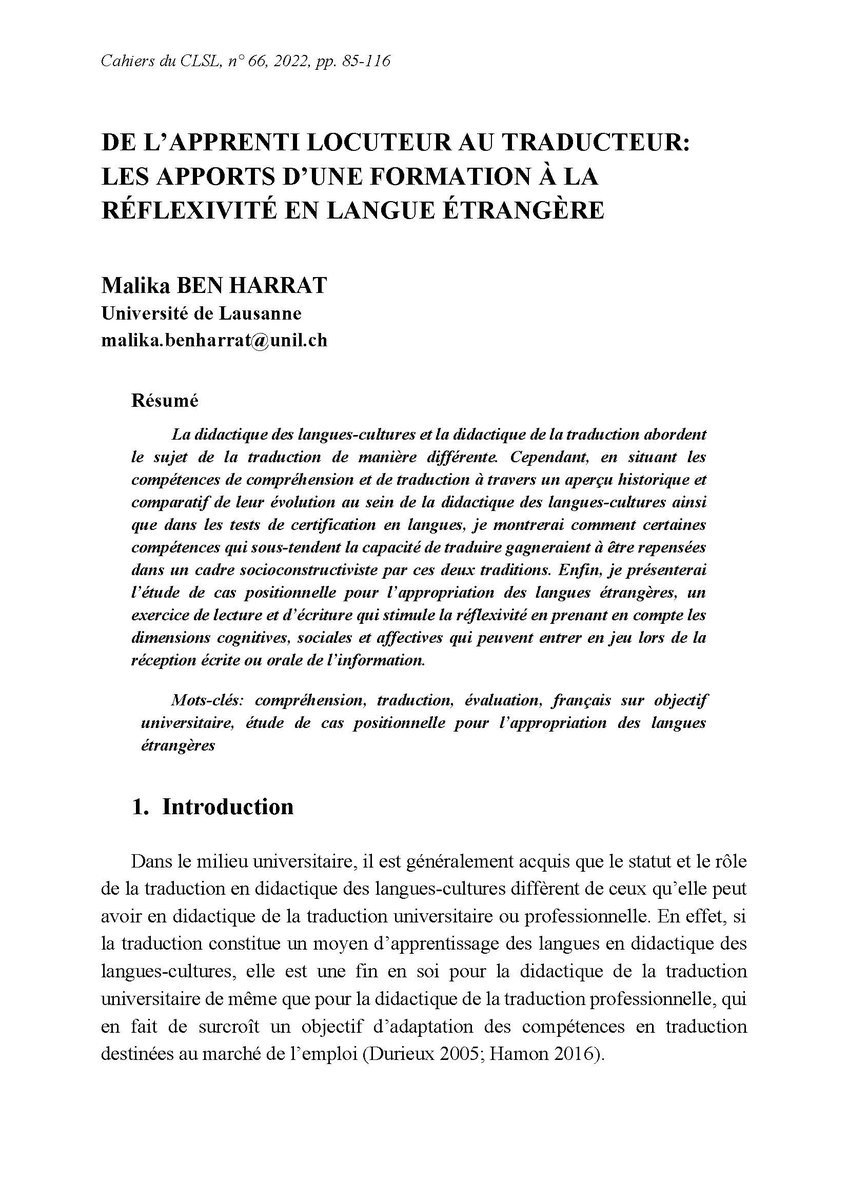 "De l'apprenti locuteur au traducteur: les apports d'une formation à la réflexivité en langue étrangère", par Malika Ben Harrat (EFLE). A découvrir sur: cahiers-clsl.ch/article/view/3…