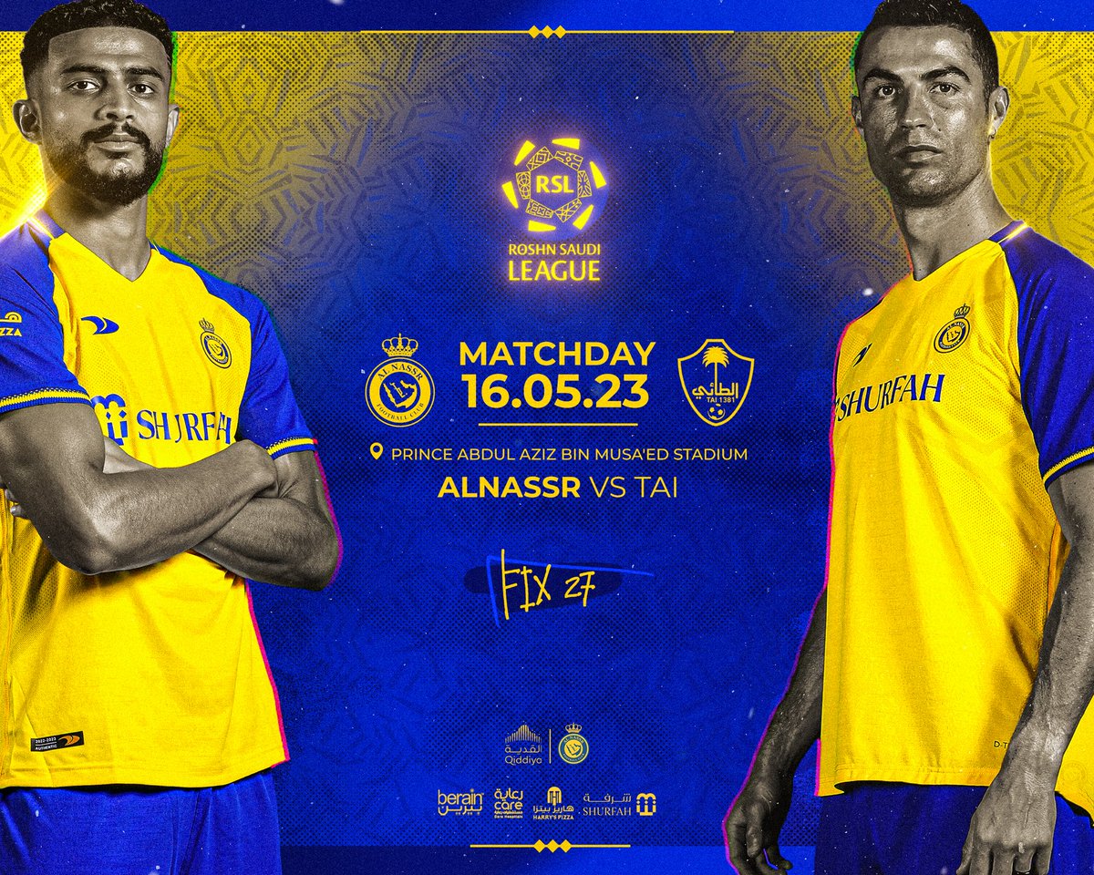 AlNassrFC_EN's tweet photo. #NassrDay || Match Day, 

@AlNassrFC 🆚 #AlTaiFC 
⏱ 09:30 pm. 
🏆 @SPL
🏟 Prince Abdulaziz bin Musa'ed Stadium
🗓 Tue, 16 May. 

Good luck, knights 🙌💛 https://t.co/VWSyODFeIx