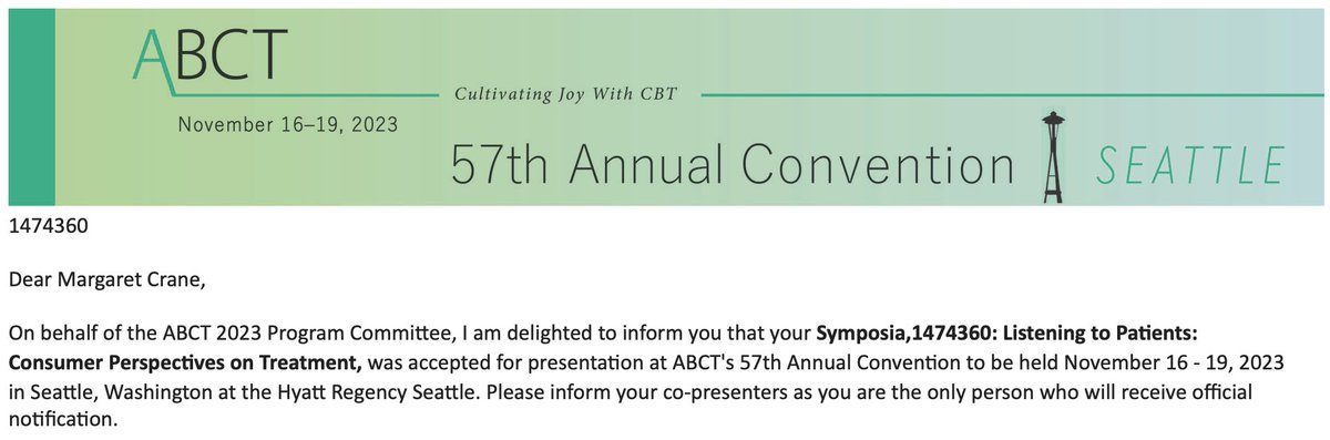 Thrilled that our symposium on amplifying patient's voices in clinical psychology treatment and research was accepted to #ABCT2023! Looking forward to presenting in November @ABCTNOW 

@MalloryDobias @lesley_norris1 @vmoraringle  @hannahfrankphd