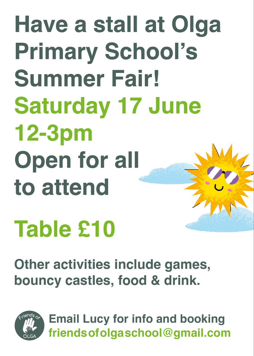 We're looking for makers/traders/crafters to join the Olga School Summer Fair on Saturday 17 June from 12-3pm. Tables are £10 (any crafts, homemade items etc just no food or drinks stalls please). Get in touch if you’d like to take part! Message friendsofolgaschool@gmail.com