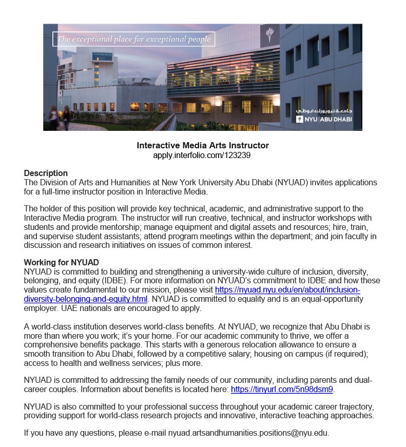 WorkatNYUAD's tweet image. New position: Arts Instructor of #InteractiveMedia.

Details: apply.interfolio.com/123239

#AcademicJobs #AcademicTwitter #UAE #P5JS #Arduino #Adobe #3Dprinting  #TouchDesigner #openFrameworks