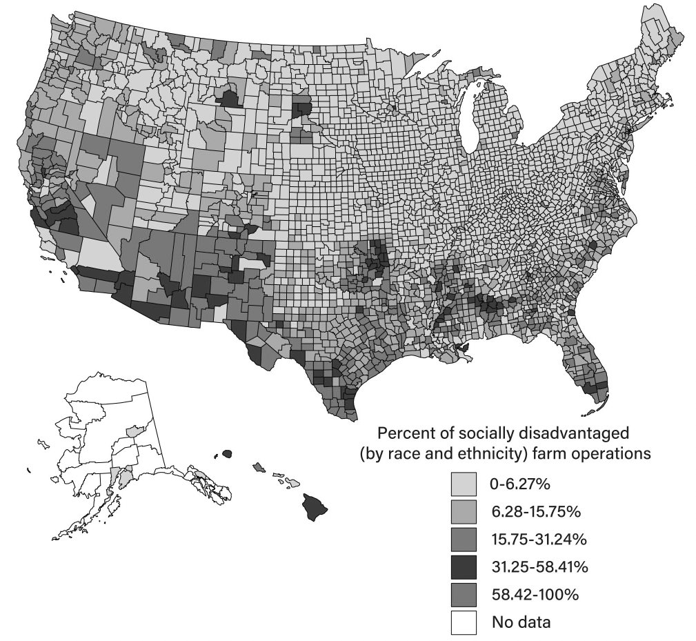 yonahdrazen's tweet photo. @jschwabish Grayscale test: there's contrast such that you can see counties are different categories, but it's all but impossible to tie the counties back to the legend. https://t.co/y2aFv3gf03