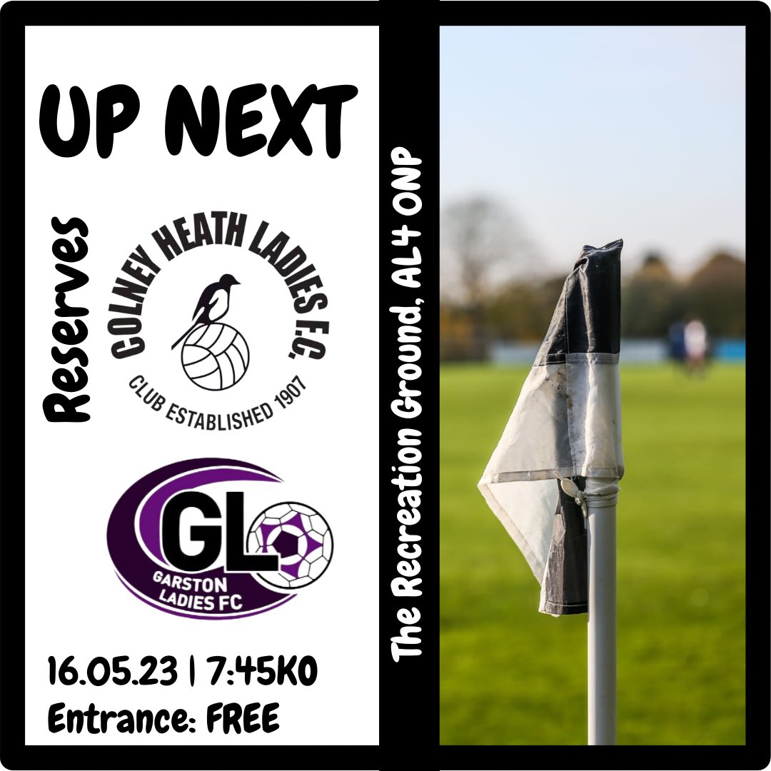 Colney Heath Ladies - Old Account (@colneyhladies) on Twitter photo MATCH DAY! βΌοΈ RESERVES β½οΈ
Letβs try again! Our last league game before our cup final on Sunday
We host <a href="/GLFCSeniors/">Garston Ladies Senior Section</a>
π The Recreation Ground
π« FREE
π <a href="/BHWGFL/">Bed's & Hert's Womens Football League</a> Prem Div
We hope to see lots of you there supporting π€ MATCH DAY! βΌοΈ RESERVES β½οΈ
Letβs try again! Our last league game before our cup final on Sunday
We host <a href="/GLFCSeniors/">Garston Ladies Senior Section</a>
π The Recreation Ground
π« FREE
π <a href="/BHWGFL/">Bed's & Hert's Womens Football League</a> Prem Div
We hope to see lots of you there supporting π€