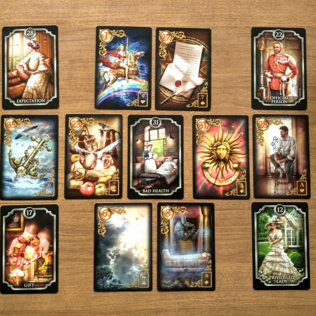 KnoxvilleRose's tweet image. #lenormand relies on the relationship between two cards. #kippercards are situational and can Target the areas where the Lenormand energies are being expressed. This is a tableau I am working with.