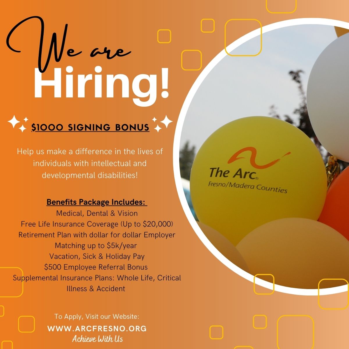 We have several open full time positions and offer a great benefits package! If you are interested in joining our team in helping adults with intellectual and developmental disabilities, please visit our website to apply: arcfresno.org/employment #AchieveWithUs