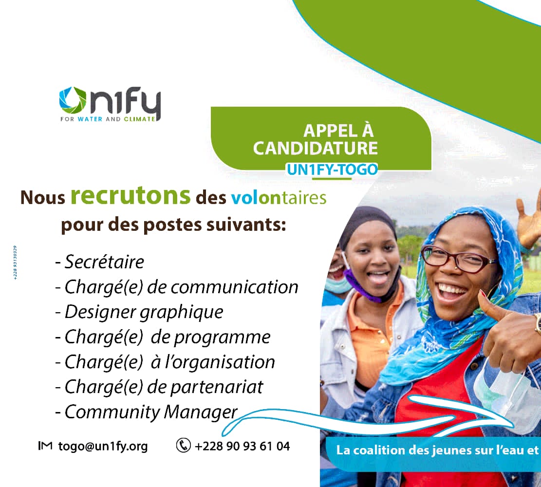 Tu es jeune, âgé(e) de 18 à 35 ans, passionné(e) et désireux de t'engager pour la cause du climat et de l'eau, rejoins UN1FY-TOGO (United International Federation of Youth for Water and Climate-TOGO) en tant que bénévole volontaire: urlz.fr/ldCE
Deadline : 29 Mai 2023