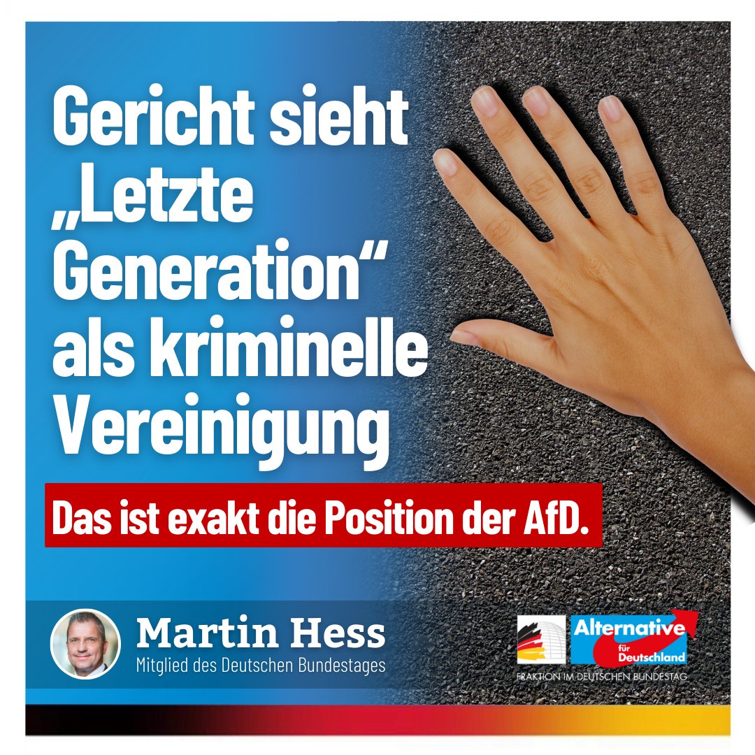 Martin_Hess_MdB's tweet image. Ein Gericht bestätigt den Anfangsverdacht, dass es sich bei der "Letzten #Generation" um eine kriminelle #Vereinigung handeln könnte. Das ist folgerichtig, denn eine weitere #Radikalisierung der #Klimakleber muss verhindert werden. Aus Klimaprotest darf kein #Terrorismus werden.