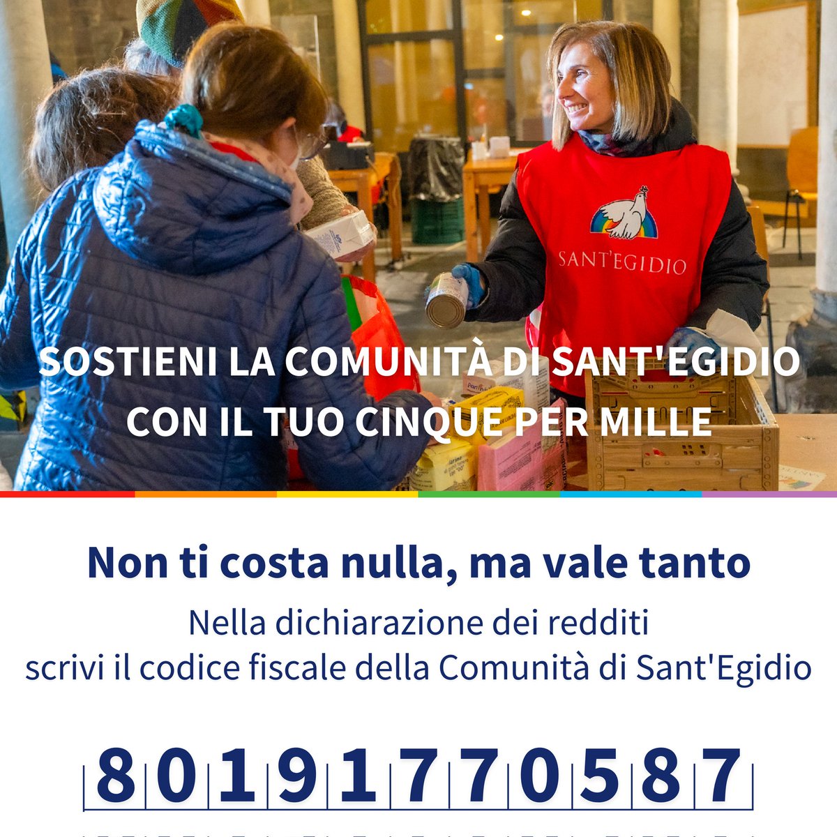 Dona il 5x1000 alla Comunità di #SantEgidio. Non costa nulla ma vale tanto! Basta un numero: 80191770587  

È davvero facile! Basta firmare e indicare il codice fiscale nel modulo della dichiarazione dei redditi.  

👉 Ricevi il promemoria su 5x1000.santegidio.org