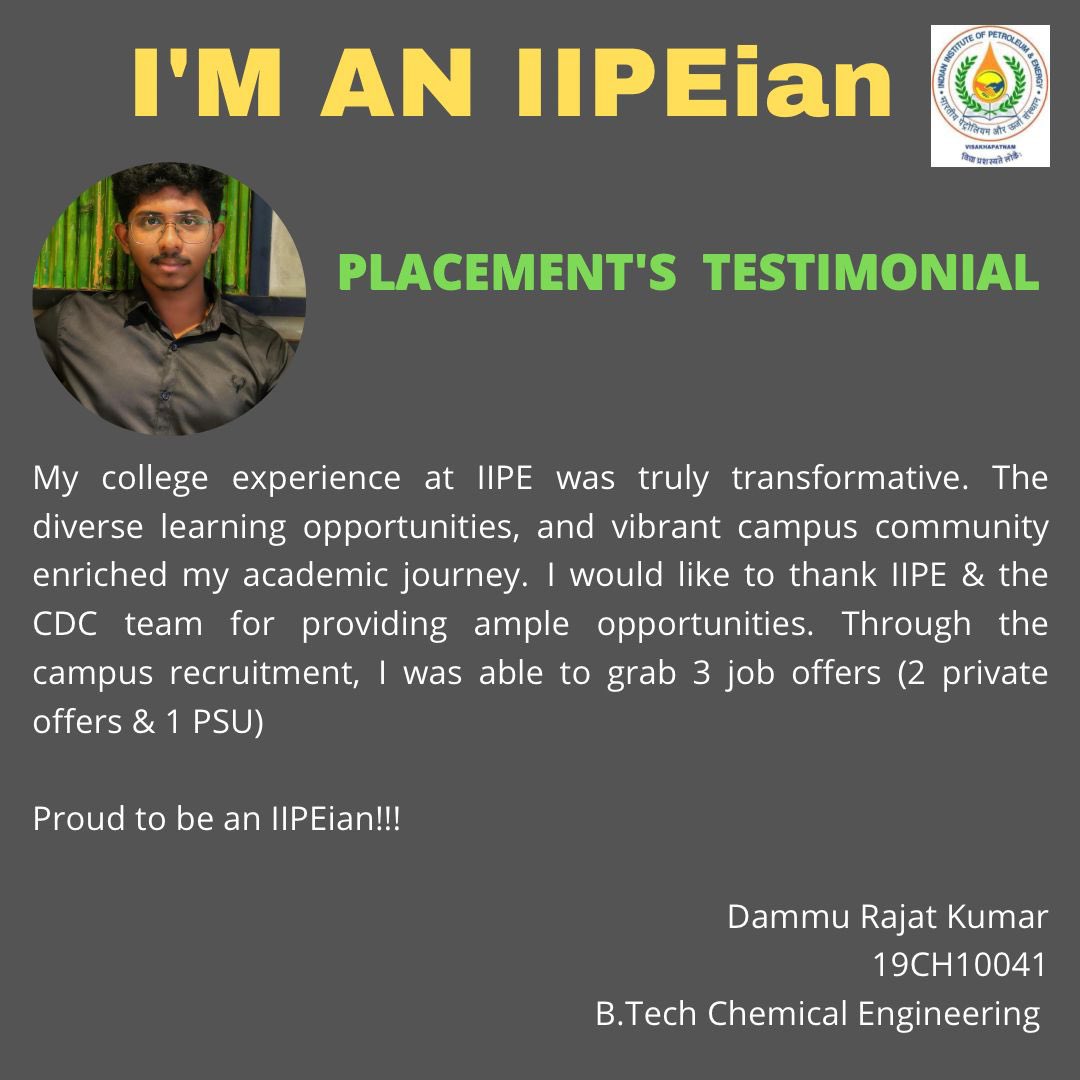 IIPE_vizag's tweet photo. 2023 Batch Placement’s Testimonial.

#iipe #iipeplacements #mopng #mnre #iit #iitjeeadvanced #2023campusplacements #pmo #oilandgas #chemicalindustry https://t.co/f4dZINUOEf