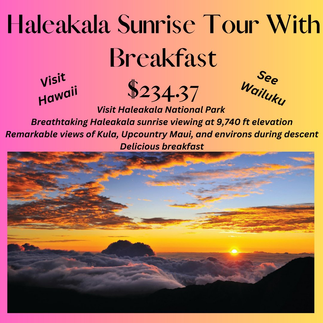 Haleakala Sunrise Tour With Breakfast $234.37
Learn More/Book Experience/Click here-  rfr.bz/t5qggvn

#Wailuku #Hawaii #visithawaii #tours #food #sunrisehawaii #maui #breathtakingviews #bucketlist #amazingviews #amazingearth #island #tropical #paradise
